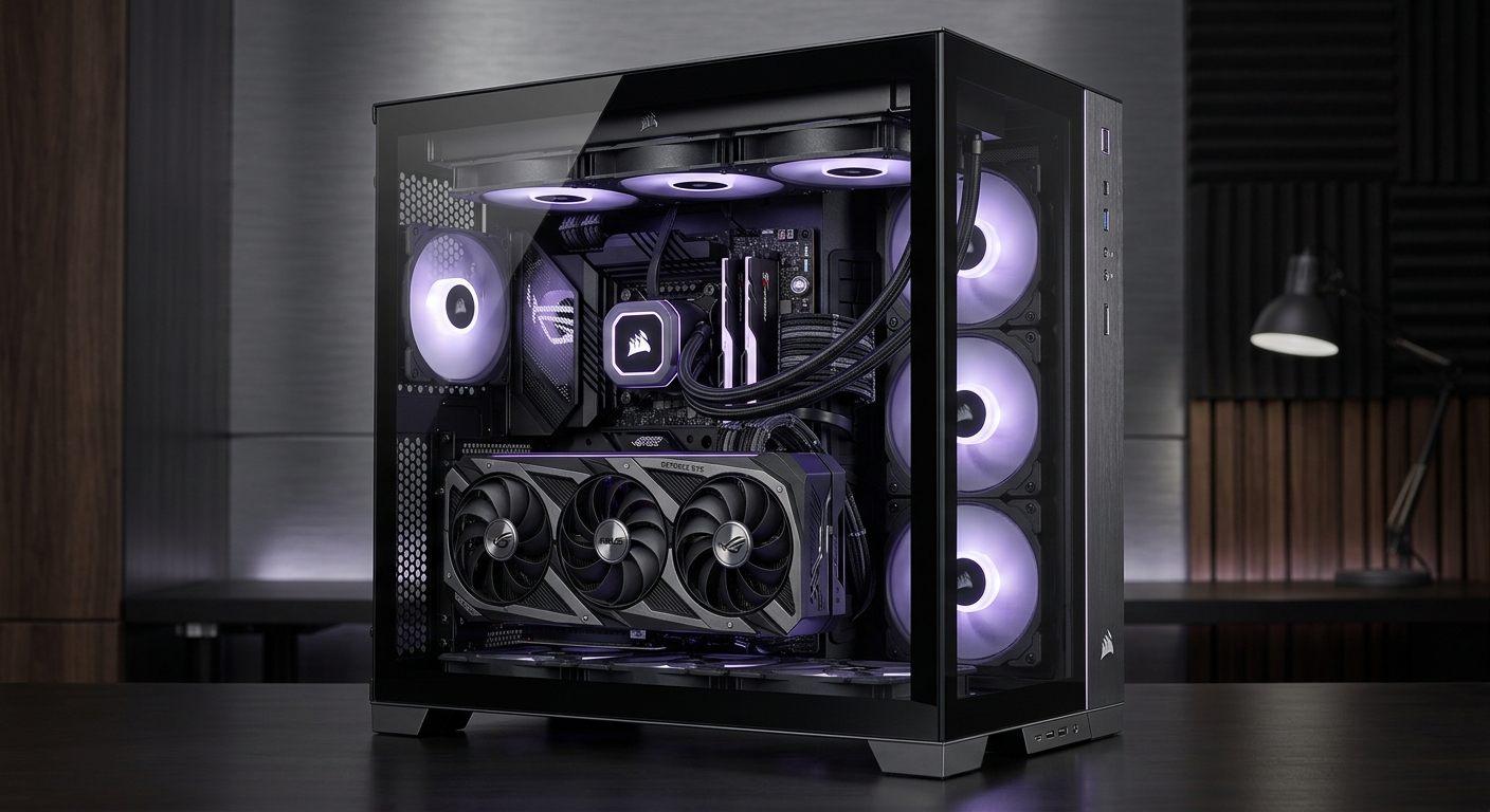 Torre gaming con refrigeración líquida AIO, ventiladores RGB y tarjeta gráfica de gama alta, montada por SoloGaming